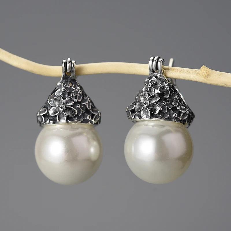 Flower Pearl Earring Charm Jewelry - 925 Sterling Silver LFJB0268 - Touchy Style .
