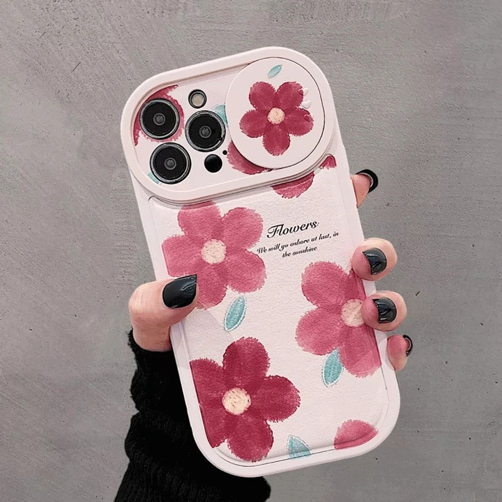 Flower Push Pull Camera Lens Protective Cute Phone Cases For iPhone 14 Pro Max 13 12 11 Pro Max - Touchy Style .