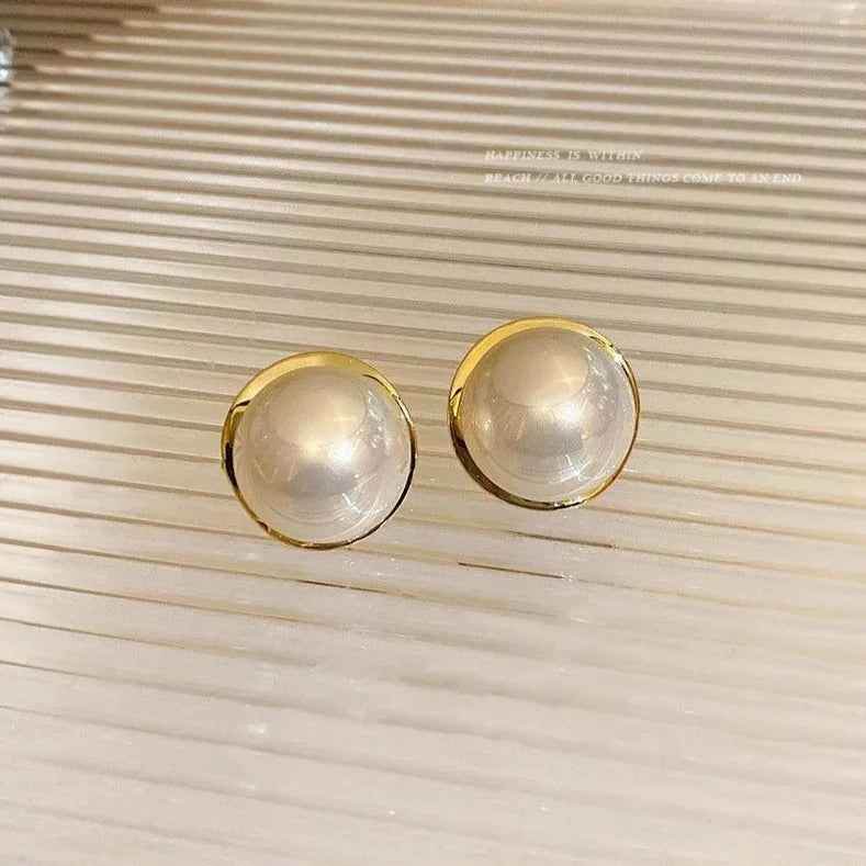 Geometric Circular Metal Charm Jewelry: RB308 Sweet Big Pearl Stud Earrings - Touchy Style