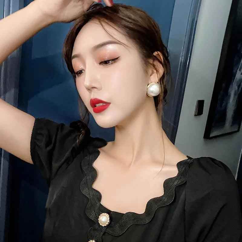 Geometric Circular Metal Charm Jewelry: RB308 Sweet Big Pearl Stud Earrings - Touchy Style
