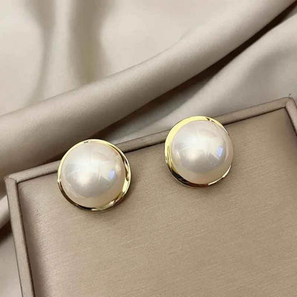 Geometric Circular Metal Charm Jewelry: RB308 Sweet Big Pearl Stud Earrings - Touchy Style