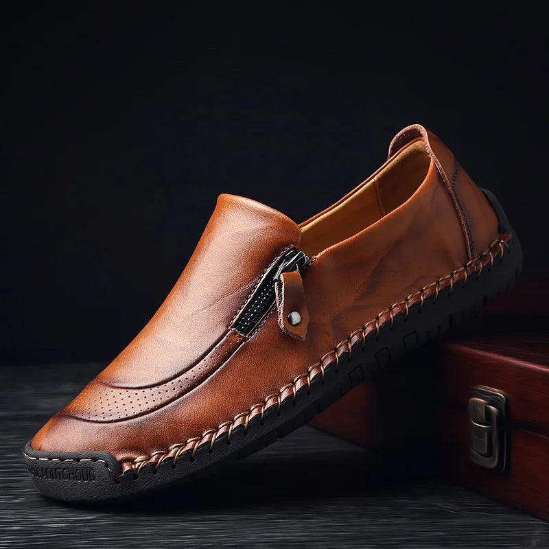 Geometric Loafers Leather Flats Brown Men&