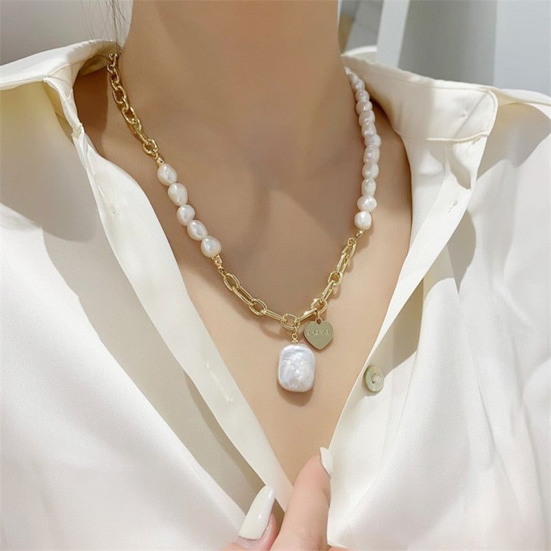 Geometric Natural Pearl Pendant Necklace Charm Jewelry RC407 - Touchy Style .