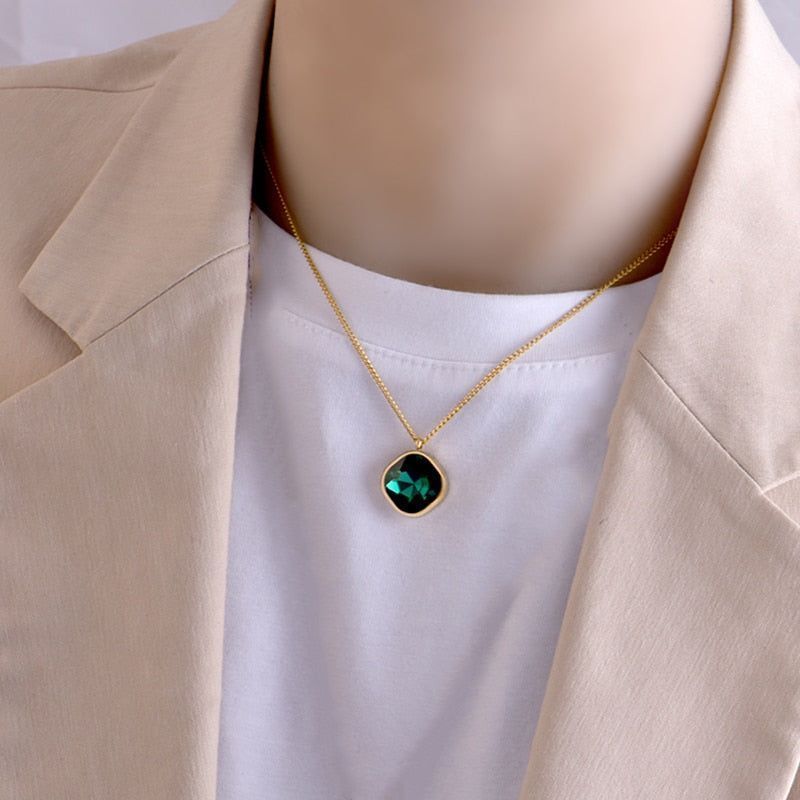 Geometric Rhombus Green Crystal Stainless Steel Necklace Charm Jewelry NCJT30 - Touchy Style .
