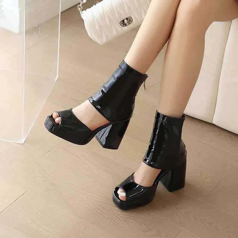 Glossy Leather Heel Boots - XYJ-5708 Women&