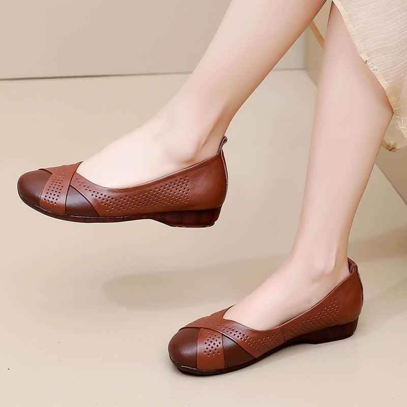 GQ241 Hollow Leather Loafers - Comfortable Flats Casual Shoes - Touchy Style .