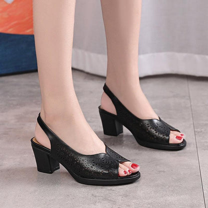 GQ249 Elegant Leather Thick-Heeled Sandals - Women&