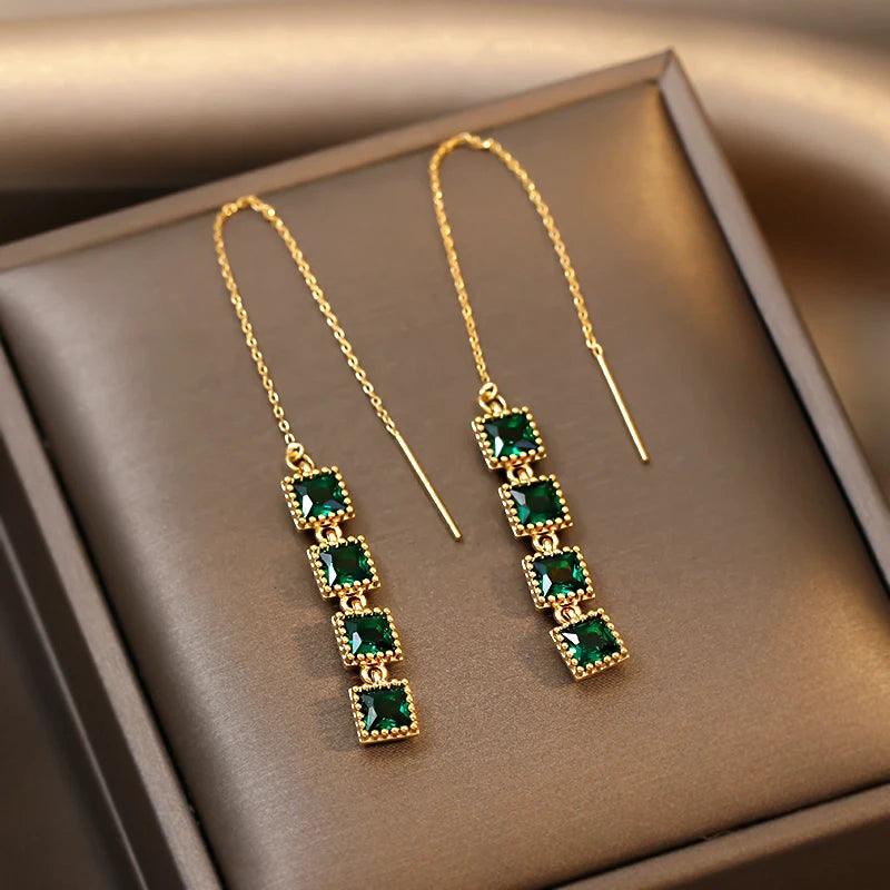 GR348 Long Drop Earrings: Geometric Square Charm Jewelry - Touchy Style .