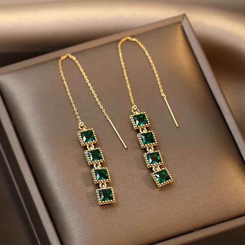 GR348 Long Drop Earrings: Geometric Square Charm Jewelry - Touchy Style