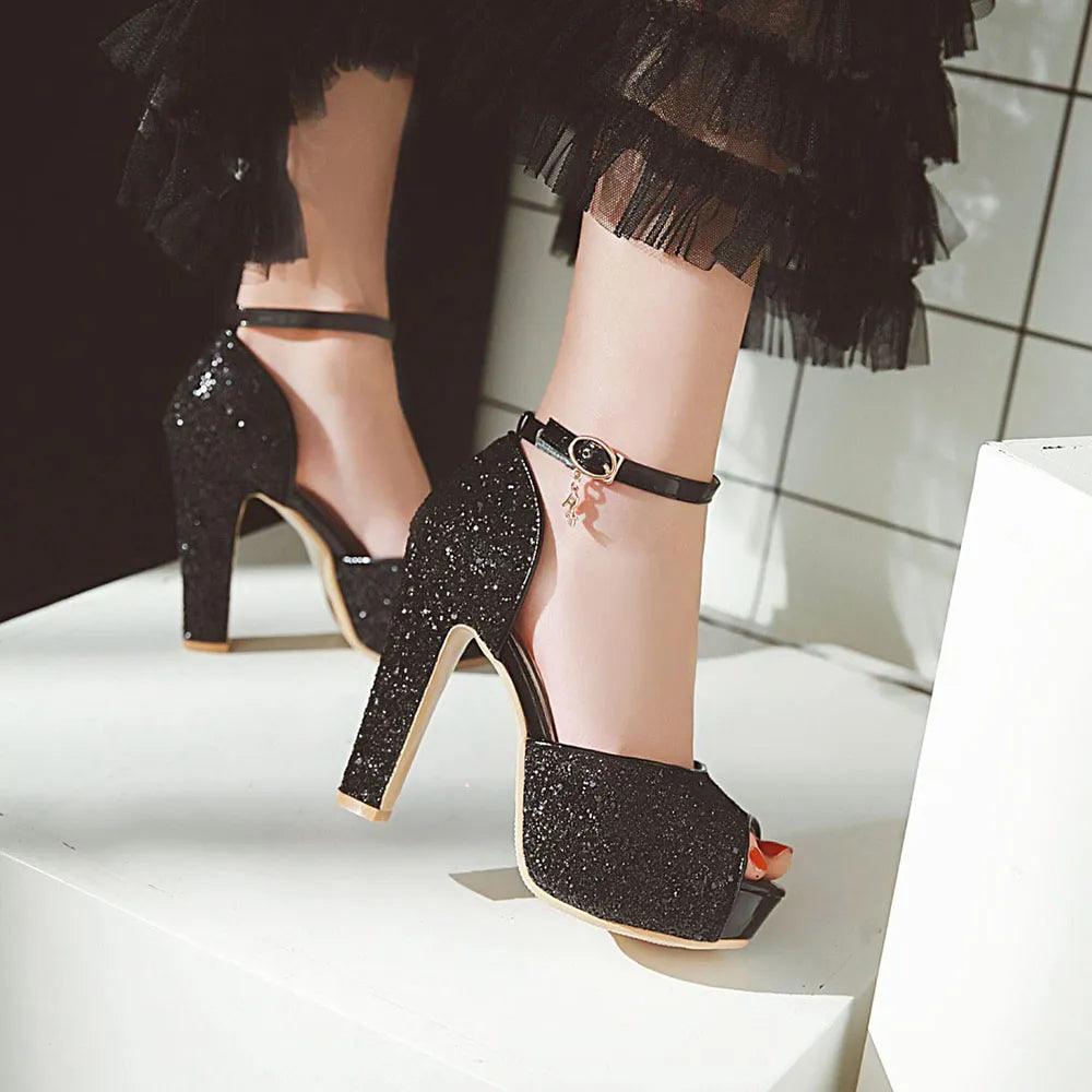 Black and Silver Glitter Chunky Heels Ankle Strap Platform Pumps | Platform pumps  heels, Heels, Shoes heels classy