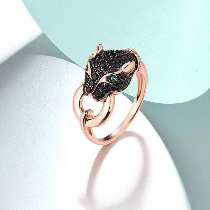 GZ219 - 925 Sterling Silver Leopard Panther Finger Ring Charm Jewelry with Black Green Spinel - Touchy Style .