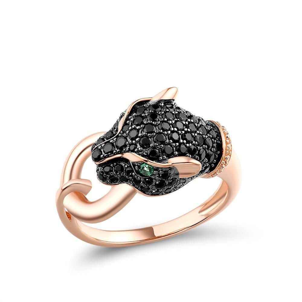 GZ219 - 925 Sterling Silver Leopard Panther Finger Ring Charm Jewelry with Black Green Spinel - Touchy Style