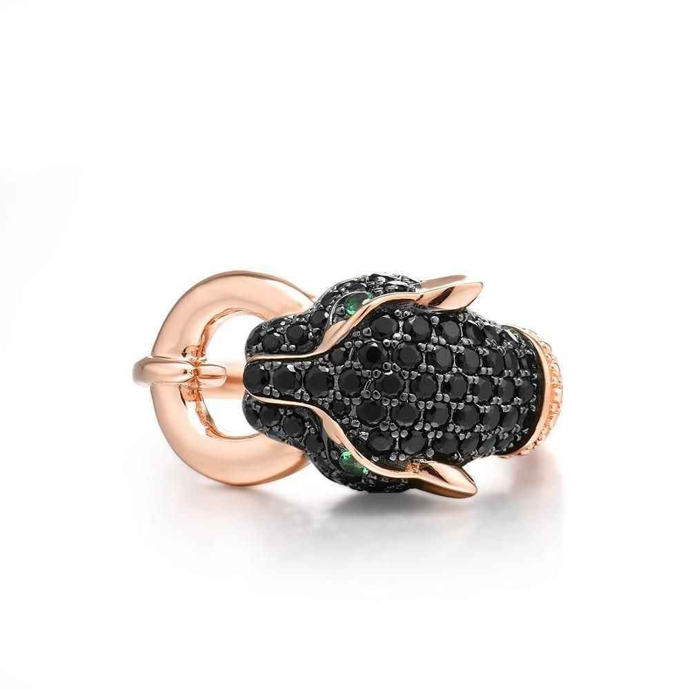 GZ219 - 925 Sterling Silver Leopard Panther Finger Ring Charm Jewelry with Black Green Spinel - Touchy Style