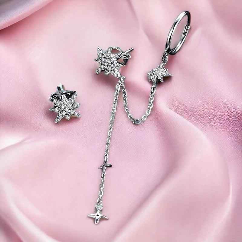 GZ233 - 925 Sterling Silver Asymmetric Star Drop Stud Earring Charm Jewelry - Touchy Style