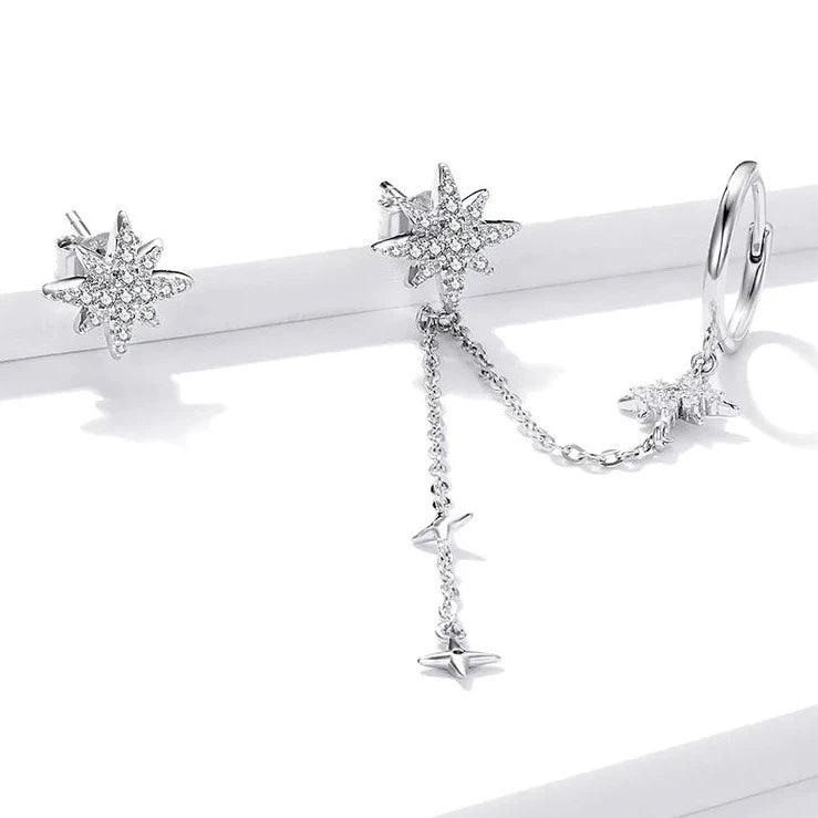 GZ233 - 925 Sterling Silver Asymmetric Star Drop Stud Earring Charm Jewelry - Touchy Style