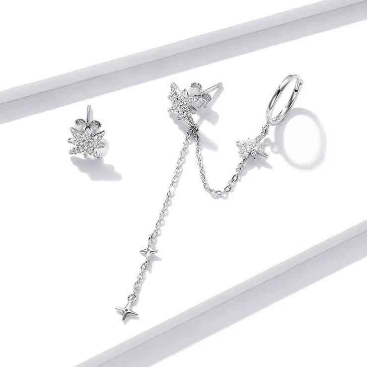 GZ233 - 925 Sterling Silver Asymmetric Star Drop Stud Earring Charm Jewelry - Touchy Style