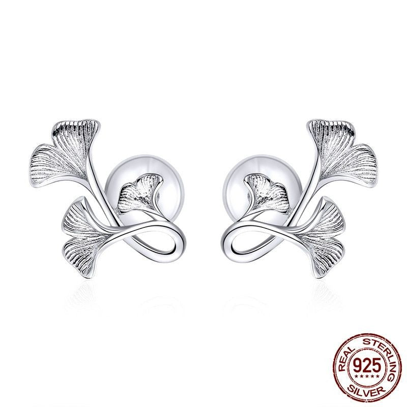 GZ239 - Ginkgo Leaf Stud Earrings - 925 Sterling Silver Charm Jewelry - Touchy Style .