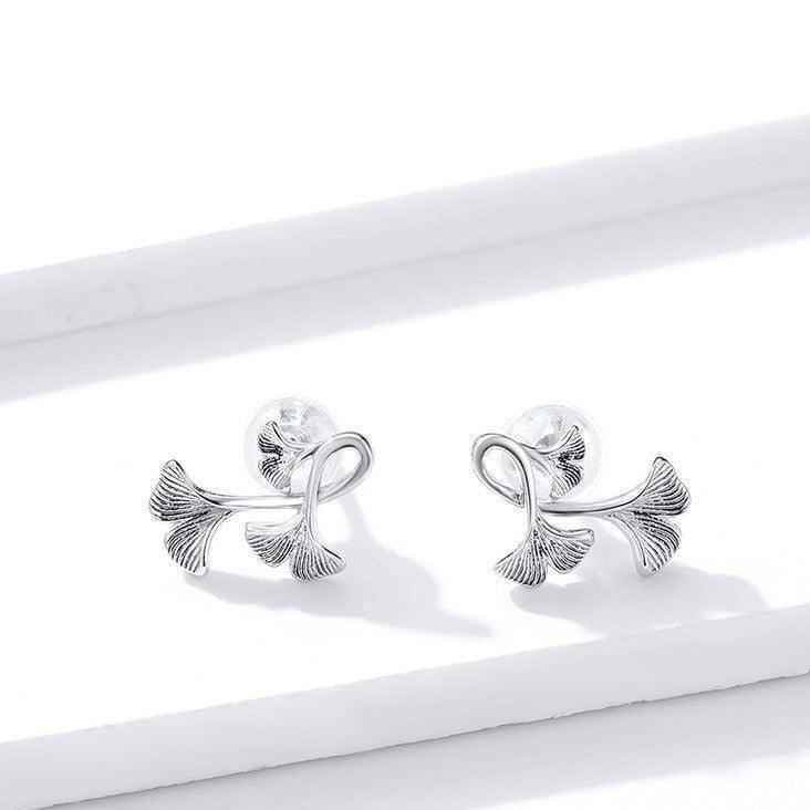 GZ239 - Ginkgo Leaf Stud Earrings - 925 Sterling Silver Charm Jewelry - Touchy Style