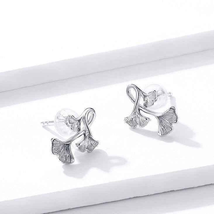 GZ239 - Ginkgo Leaf Stud Earrings - 925 Sterling Silver Charm Jewelry - Touchy Style
