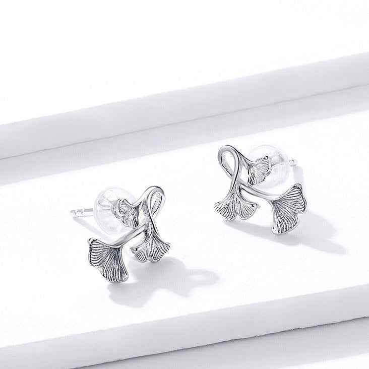 GZ239 - Ginkgo Leaf Stud Earrings - 925 Sterling Silver Charm Jewelry - Touchy Style .