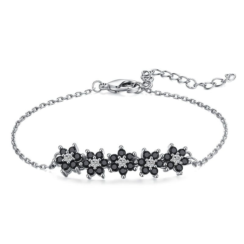 GZ314 - Silver Color Bracelet with Black Flowers - Charm Jewelry - Touchy Style .