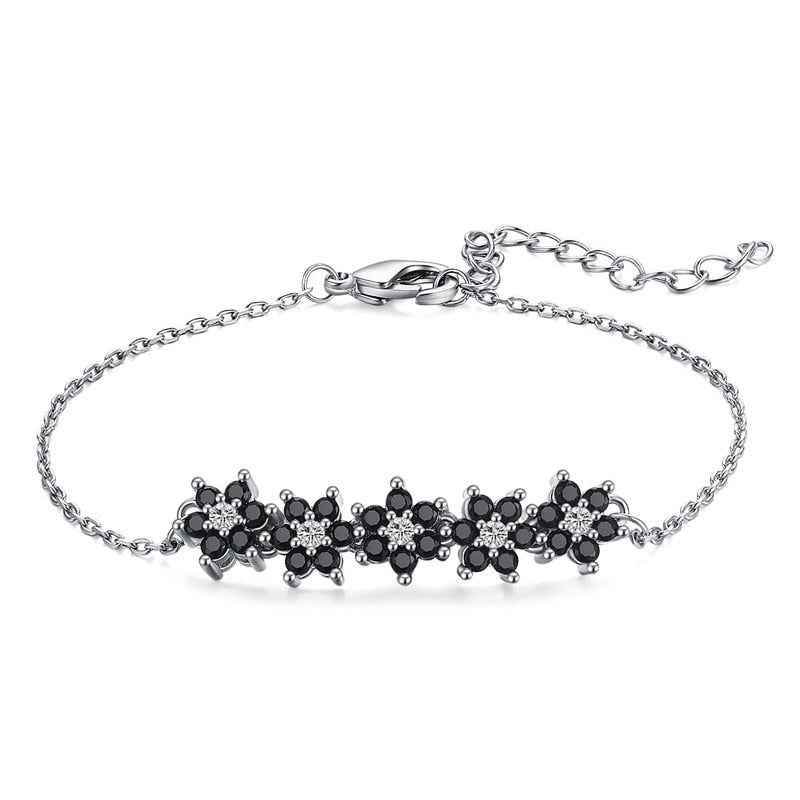 GZ314 - Silver Color Bracelet with Black Flowers - Charm Jewelry - Touchy Style