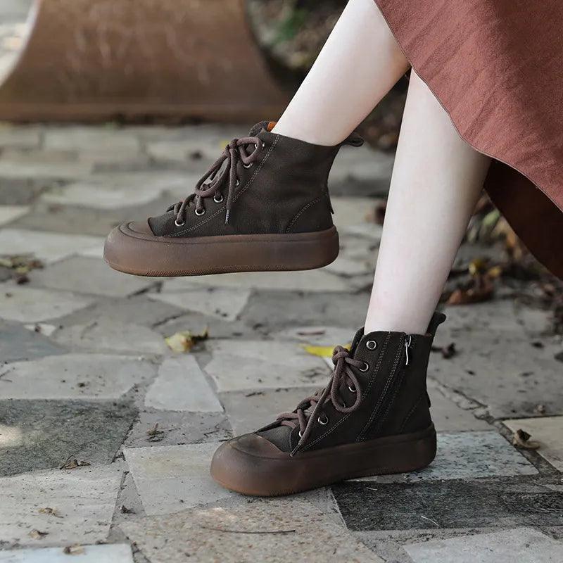 Handmade Brown Leather Flat Ankle Boots - TF143 Women&