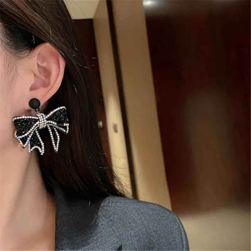 HE4524 Dangle Earring Charm Jewelry - Korean Style Black Bowknot - Touchy Style .