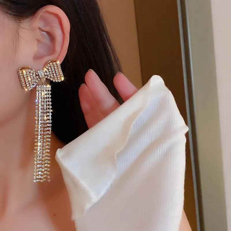 HE4940 Long Earring Charm Jewelry - Exquisite Bowknot Crystal Dangle Earrings - Touchy Style