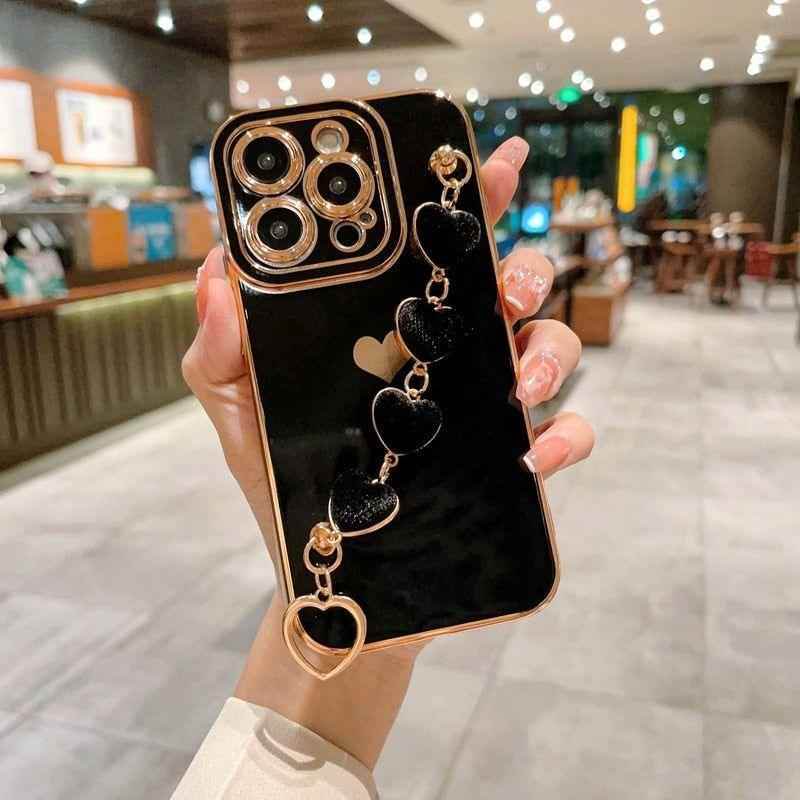 Crossbody Lanyard Cord Plating Love Heart Soft Case For iPhone 15 14 Pro  Max 13 12 11 XS XR 7 Plus SE3 MiNi Lens Protector Cover