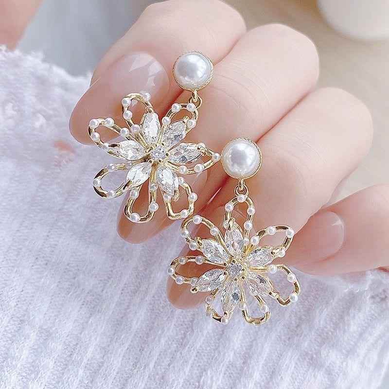 Hollow Flower Earring Charm Jewelry Mini Pearl Super Shine Earring #HY6E236 - Touchy Style .