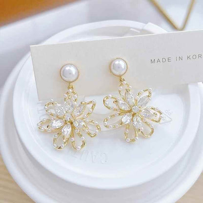 Hollow Flower Earring Charm Jewelry Mini Pearl Super Shine Earring #HY6E236 - Touchy Style .