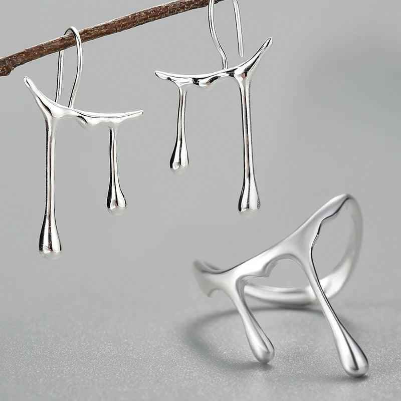Honey Drops Asymmetric Charm Jewelry Set (LFJS0068) with 925 Sterling Silver Earrings and Rings - Touchy Style