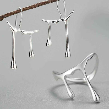 Honey Drops Asymmetric Charm Jewelry Set (LFJS0068) with 925 Sterling Silver Earrings and Rings - Touchy Style