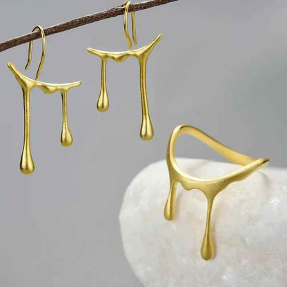 Honey Drops Asymmetric Charm Jewelry Set (LFJS0068) with 925 Sterling Silver Earrings and Rings - Touchy Style