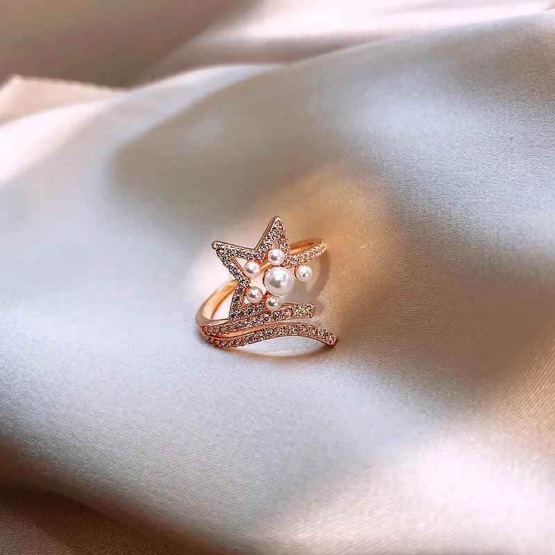 Incomplete Star Pearl Zircon Golden Opening Finger Rings Charm Jewelry RCJXYO18 - Touchy Style