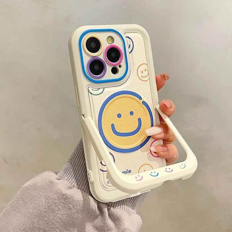 Invisible Bracket Cartoon Smile Leather Cute Phone Case for iPhone 11-15 Pro Max Plus - Touchy Style .