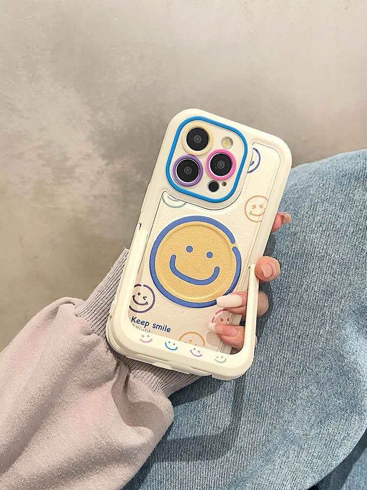 Invisible Bracket Cartoon Smile Leather Cute Phone Case for iPhone 11-15 Pro Max Plus - Touchy Style .