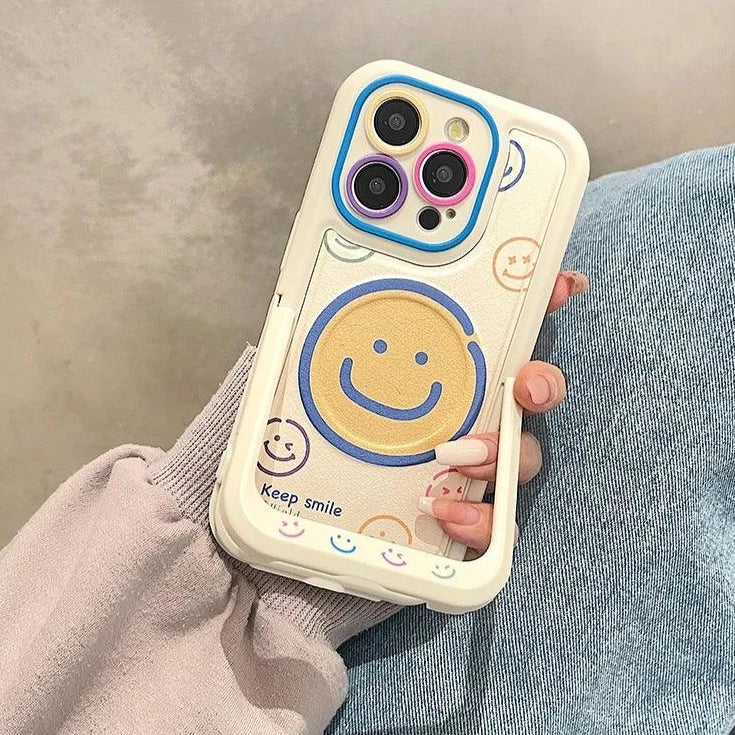 Invisible Bracket Cartoon Smile Leather Cute Phone Case for iPhone 11-15 Pro Max Plus - Touchy Style .
