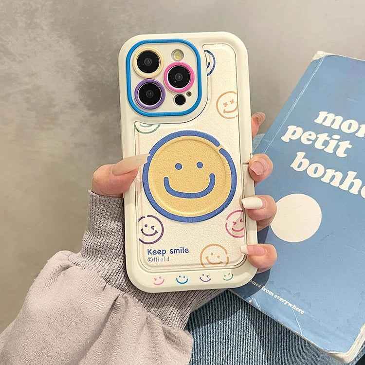 Invisible Bracket Cartoon Smile Leather Cute Phone Case for iPhone 11-15 Pro Max Plus - Touchy Style .