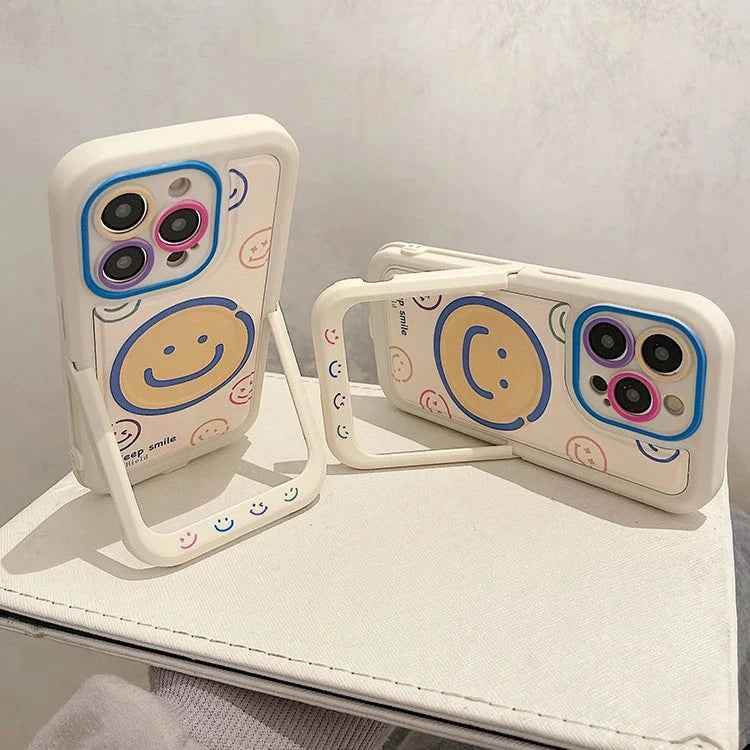 Invisible Bracket Cartoon Smile Leather Cute Phone Case for iPhone 11-15 Pro Max Plus - Touchy Style
