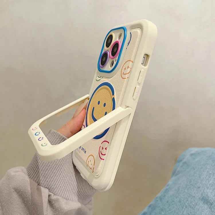 Invisible Bracket Cartoon Smile Leather Cute Phone Case for iPhone 11-15 Pro Max Plus - Touchy Style .