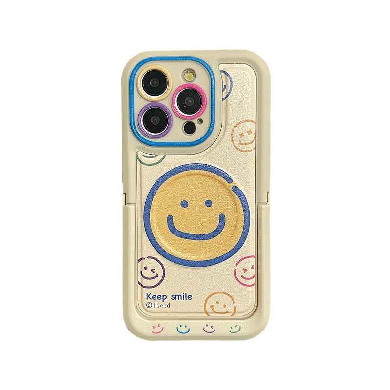 Invisible Bracket Cartoon Smile Leather Cute Phone Case for iPhone 11-15 Pro Max Plus - Touchy Style .