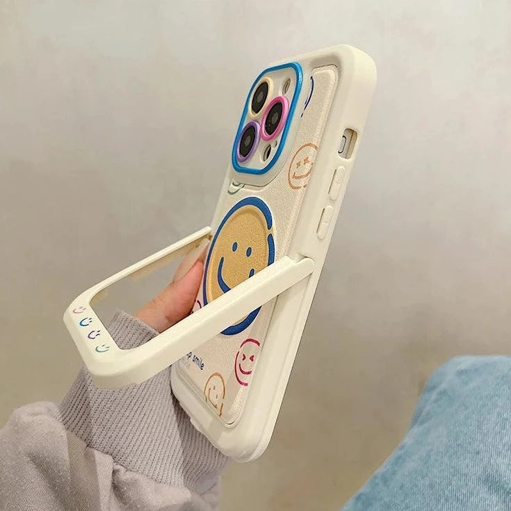 Invisible Bracket Cartoon Smile Leather Cute Phone Case for iPhone 11-15 Pro Max Plus - Touchy Style .