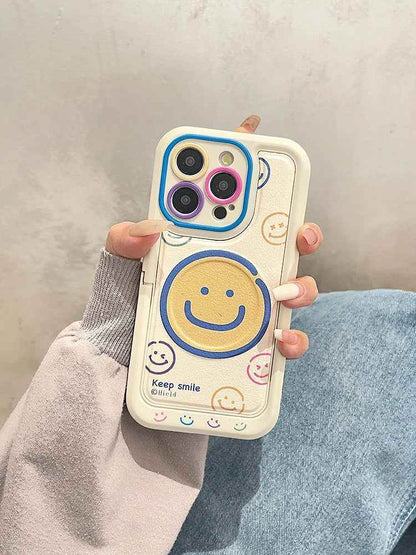 Invisible Bracket Cartoon Smile Leather Cute Phone Case for iPhone 11-15 Pro Max Plus - Touchy Style .