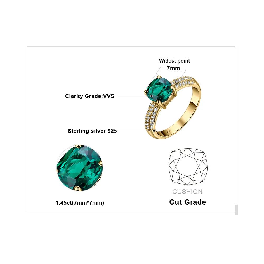 JPCJ240 Finger Ring Charm Jewelry - Classic Cushion Cut Simulated Green Emerald - 925 Sterling Silver - Touchy Style