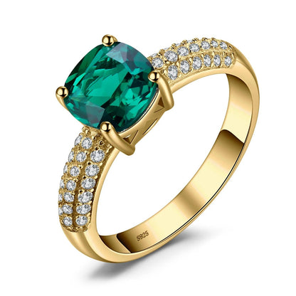 JPCJ240 Finger Ring Charm Jewelry - Classic Cushion Cut Simulated Green Emerald - 925 Sterling Silver - Touchy Style