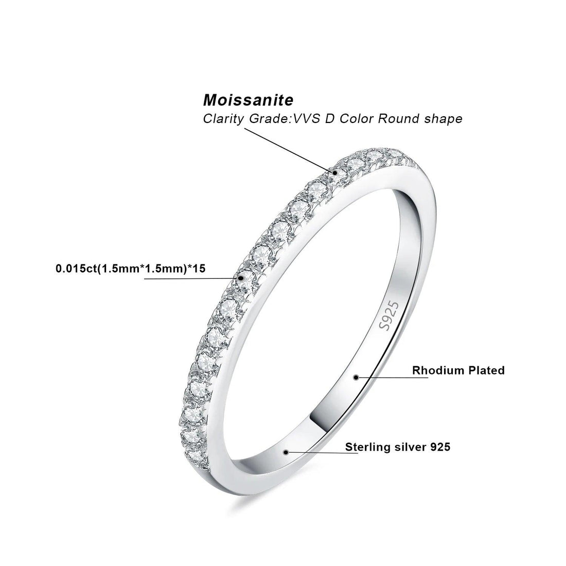 JPRCJ304 Finger Ring Charm Jewelry - Moissanite Half Eternity 925 Sterling Silver - Touchy Style