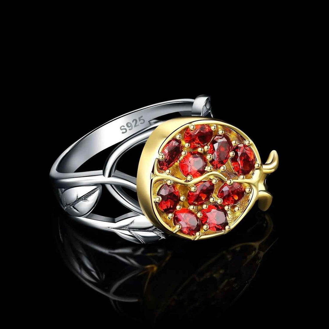 JPRCJ338 Finger Ring Charm Jewelry - Pomegranate Leaf Red Gemstone - 925 Sterling Silver - Touchy Style