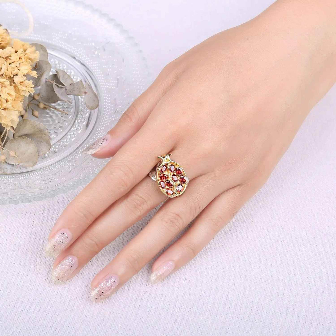 JPRCJ338 Finger Ring Charm Jewelry - Pomegranate Leaf Red Gemstone - 925 Sterling Silver - Touchy Style